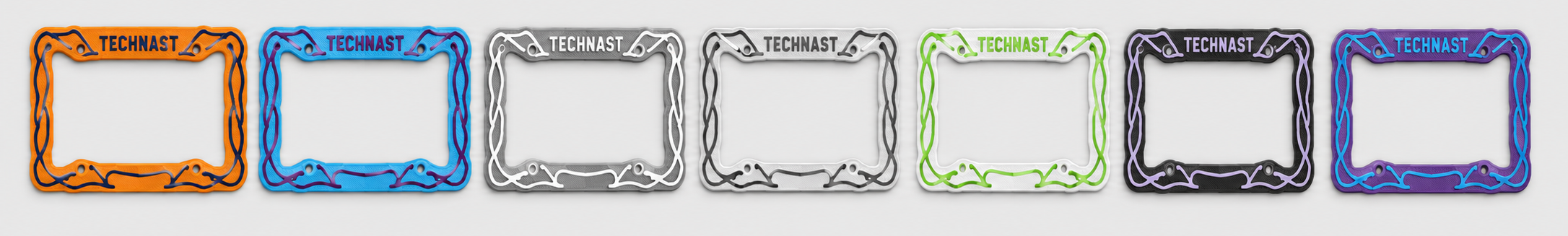A row of seven decorative rectangular frame templates in various colors including orange, blue, silver, green, black, and purple, each featuring the word 'TECHMAST' at the top, displayed on a light gray background.