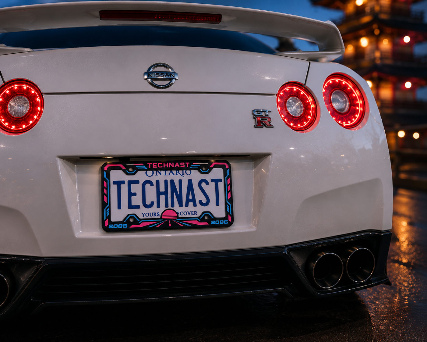 Lifestyle rear view of the Neon Horizon license plate frame installed on a white sports car at night.