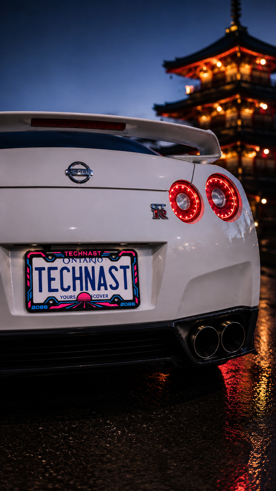 Vertical rear view showing the Neon Horizon license plate frame on a white sports car with illuminated city architecture.