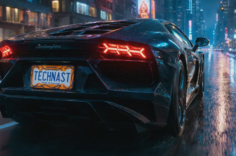 TECHNAST Signature Flow license plate frame on a performance car at night