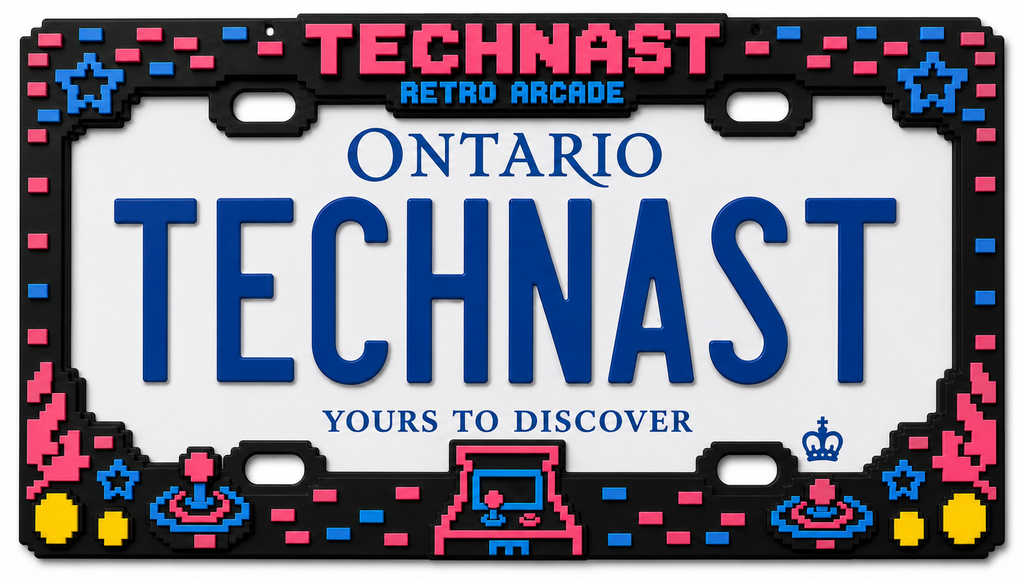 TECHNAST Retro Arcade 3D printed license plate frame installed around an Ontario plate.