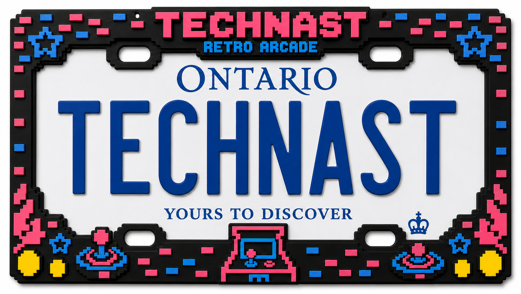 TECHNAST Retro Arcade 3D printed license plate frame installed around an Ontario plate.