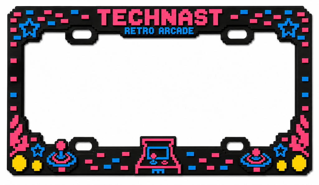 Clean front product view of the TECHNAST Retro Arcade license plate frame in Neon Pink and Electric Blue on white.
