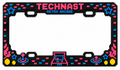 Clean front product view of the TECHNAST Retro Arcade license plate frame in Neon Pink and Electric Blue on white.