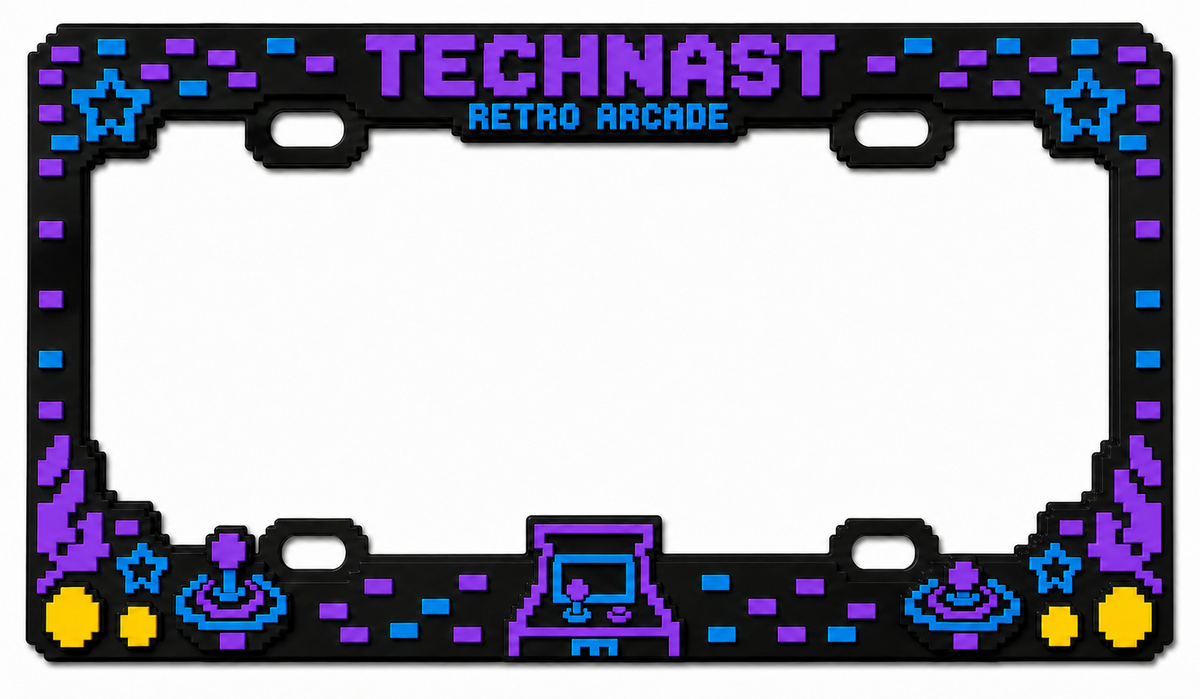 Clean front product view of the TECHNAST Retro Arcade license plate frame in Arcade Purple and Electric Blue on white.
