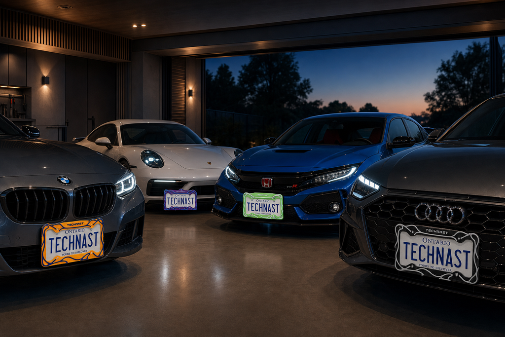 TECHNAST custom plate frame colourways installed on performance cars