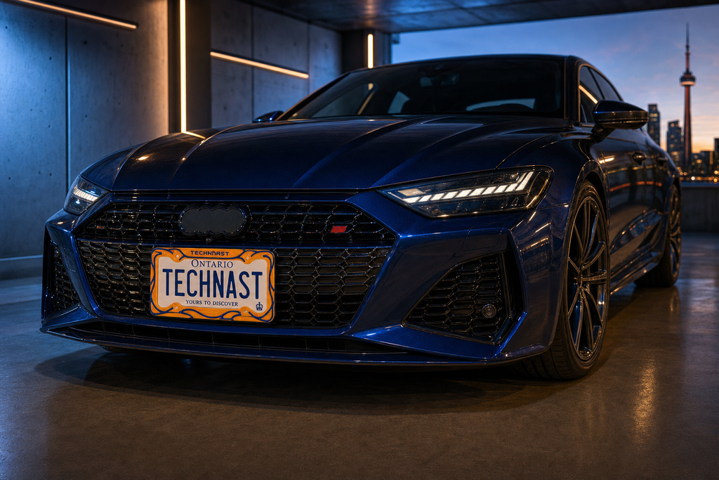 TECHNAST orange and blue license plate frame installed on a performance car