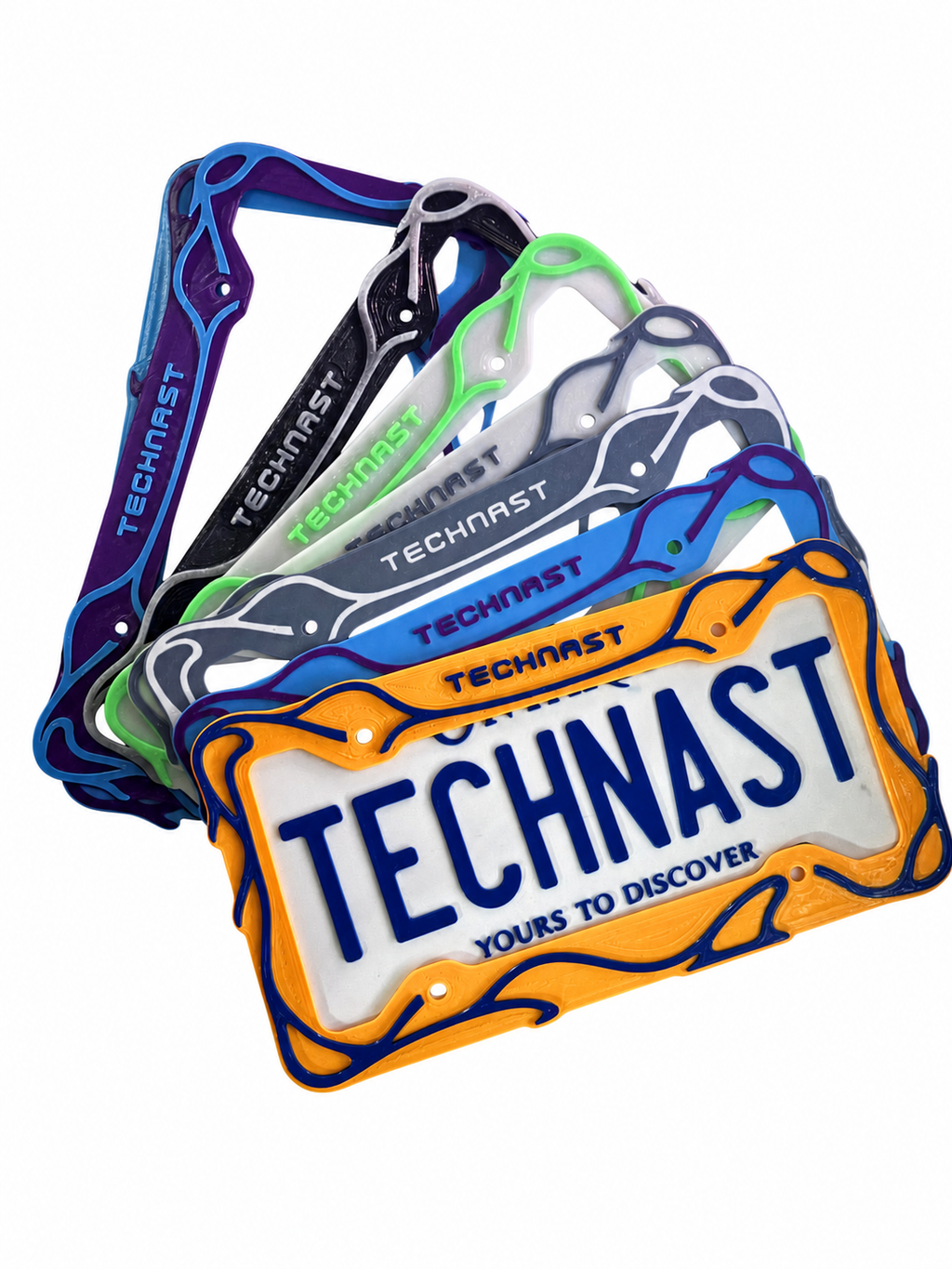 TECHNAST Signature Flow license plate frames in multiple colour combinations