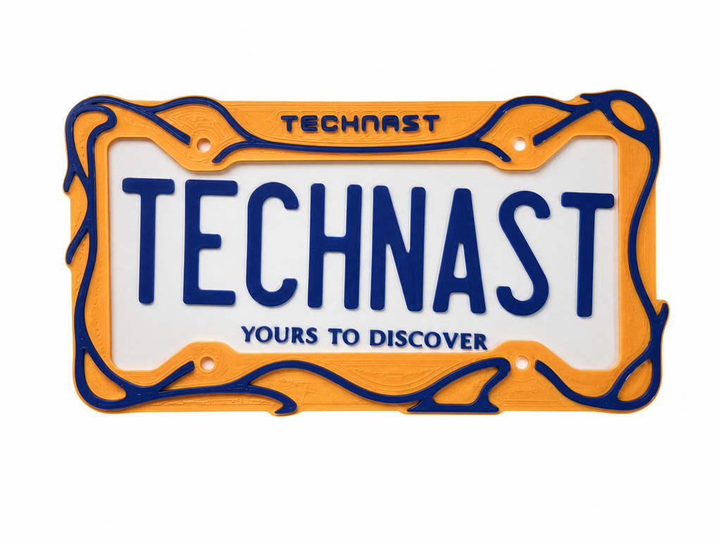TECHNAST Signature Flow orange and blue 3D printed license plate frame front view